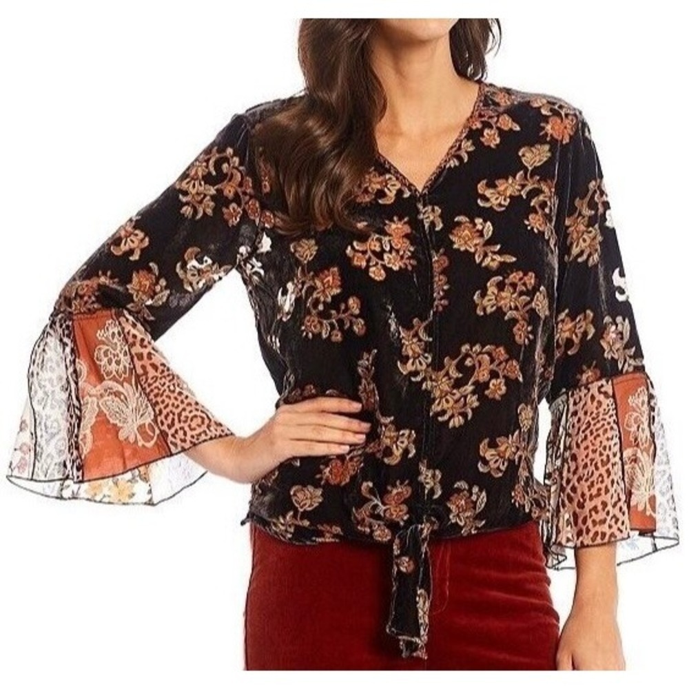JOHN MARK Floral Velvet Burnout Animal Bell Sleeve Blouse Top Tie Waist Large